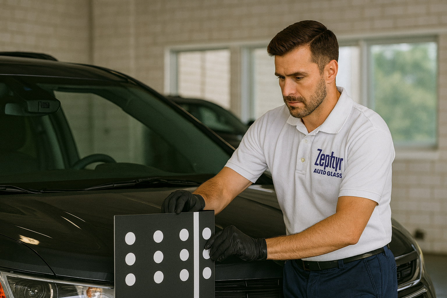 Technician calibrating windshield camera